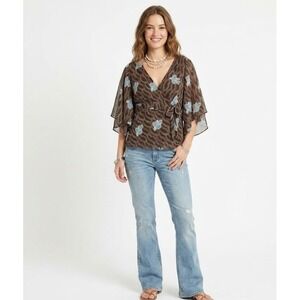 Vintage Ann Taylor LOFT size 12 Brown Blue Floral Wrap Babydoll Y2K Belted Top